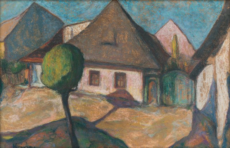 Old Košice by Konštantín Kövári-Kačmarik, expressionism, cityscape with spires and twilight colors