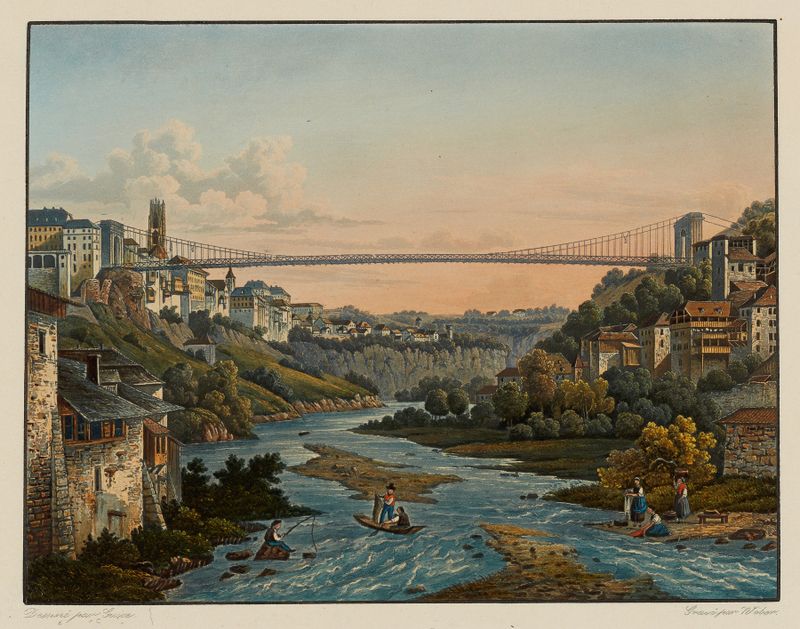 Landscape of Fribourg with a bridge over a river by Constantin Guise, oil painting.