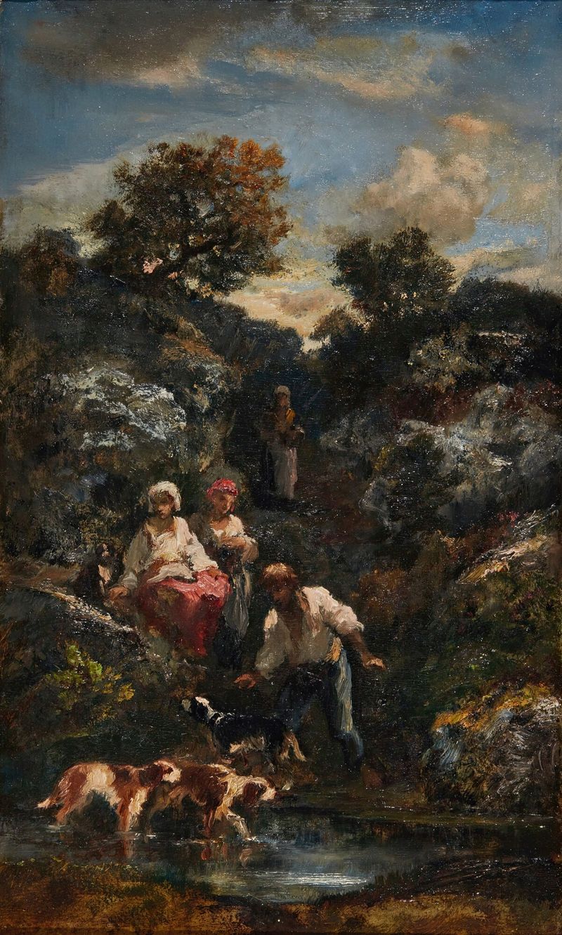 Pintura a óleo de Narcisse-Virgile Diaz de La Peña com boêmios perto da água e das rochas.