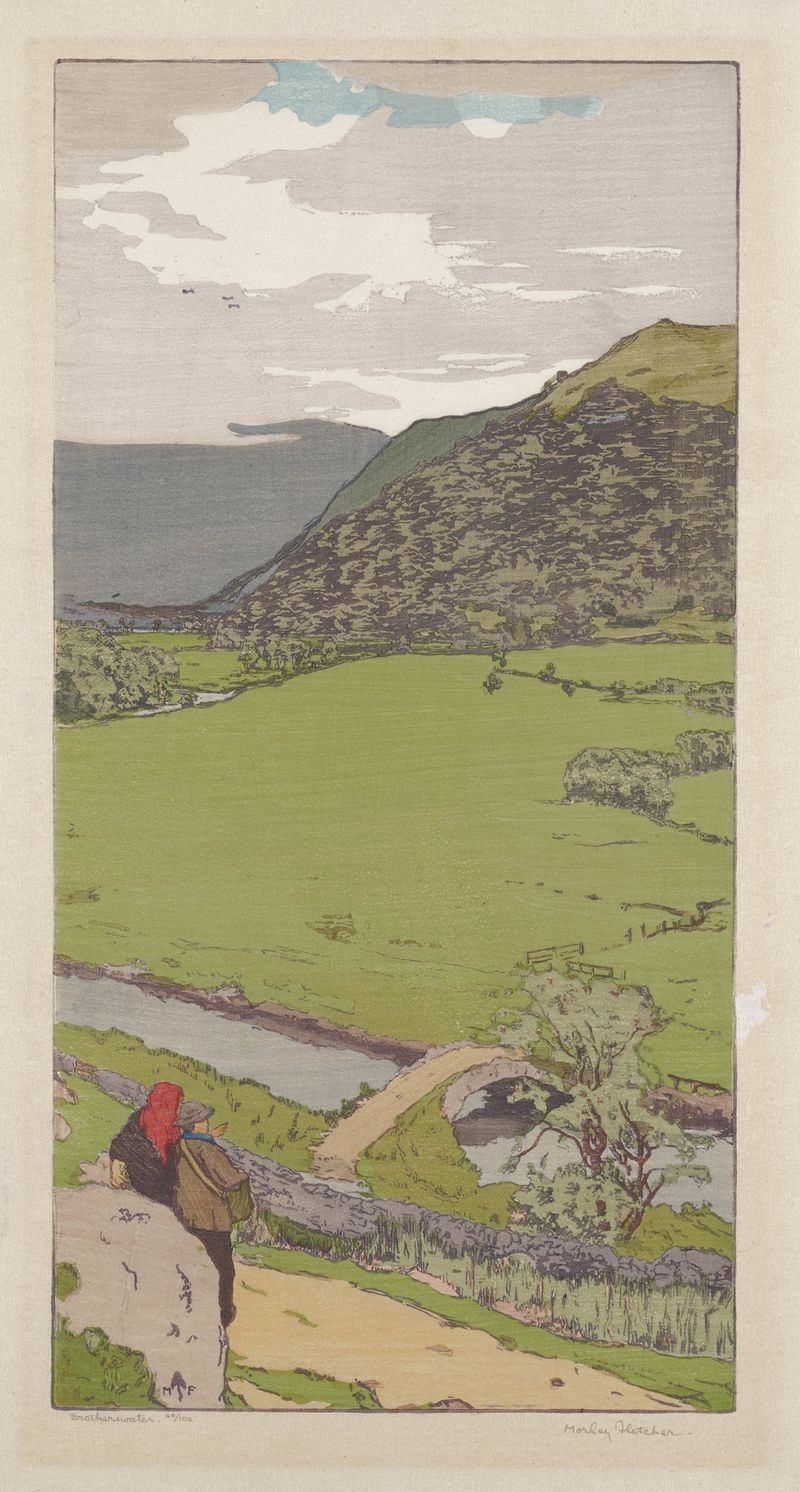 Brotherswater de Frank Morley Fletcher, aquarela sobre papel que retrata um lago tranquilo e montanhas.
