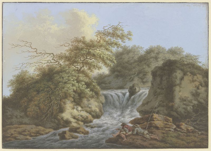 Waterfall between rocks with two anglers, by Johann Albrecht Friedrich Rauscher, medium unknown