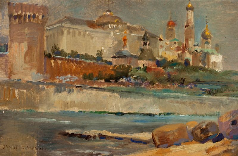 View of the Kremlin de Jan Stanisławski, óleo sobre tela, com silhuetas e cores do pôr do sol.