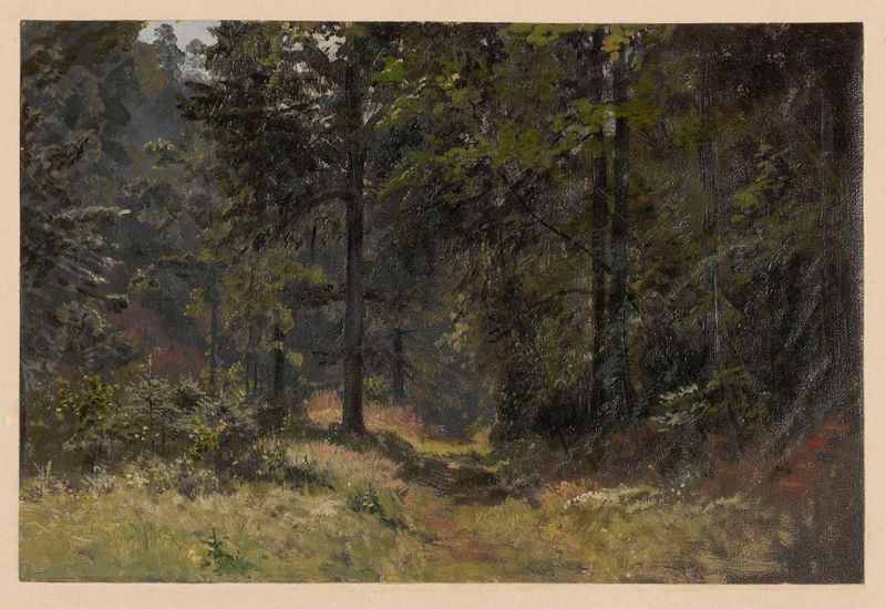 Estrada na floresta no vale de Szczawnik de Adolf Dressler, pintura a óleo mostrando um caminho entre árvores.