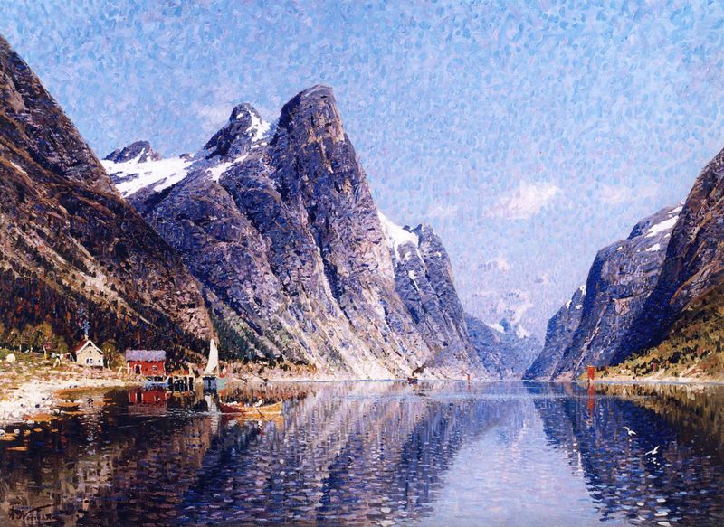 A Norwegian Fjord Scene by Adelsteen Normann, oil painting depicting tranquil water and distant mountains.