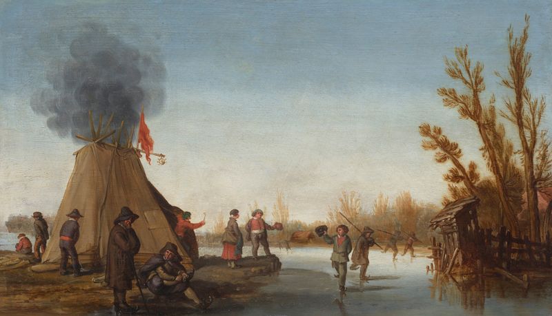 Skaters on a frozen canal with a koek-en-zopie tent, oil on panel by Joost Cornelisz Droochsloot