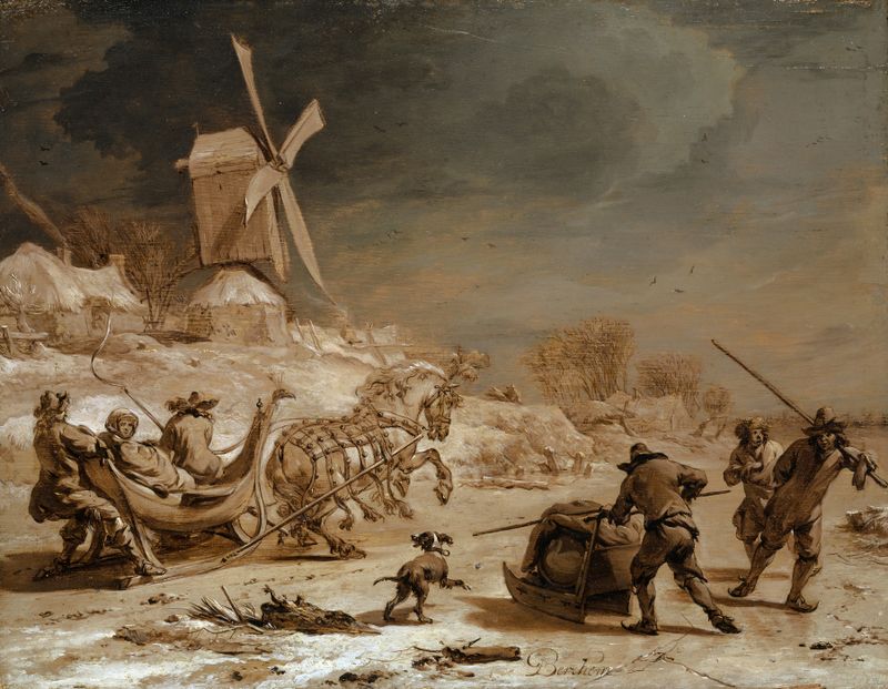Sledging, óleo sobre lienzo de Nicolaes Pietersz Berchem, que representa figuras esquiando en un paisaje nevado.