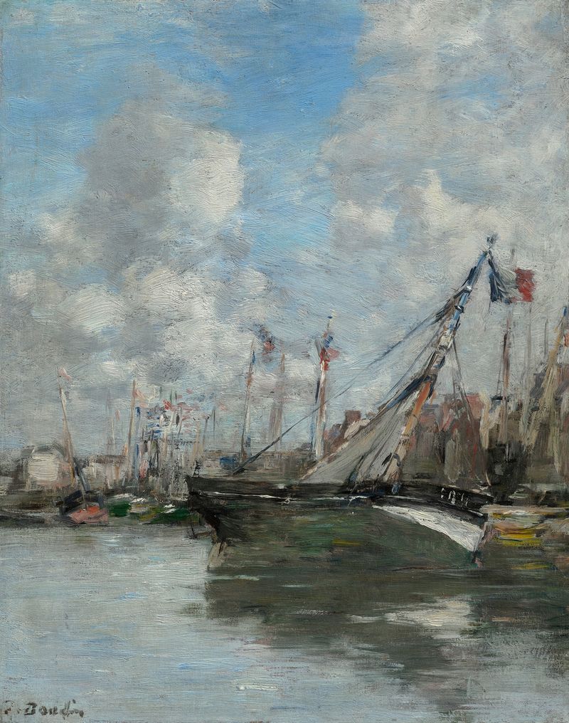 Escena costera con barcos varados en la orilla, pintura al óleo de Eugène Boudin