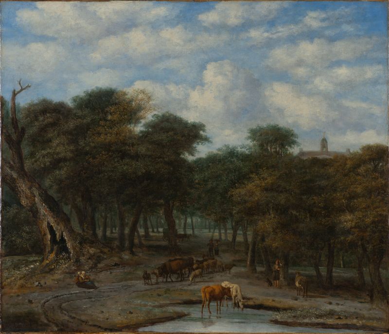 Clareira na floresta com gado, óleo sobre tela de Philips Koninck