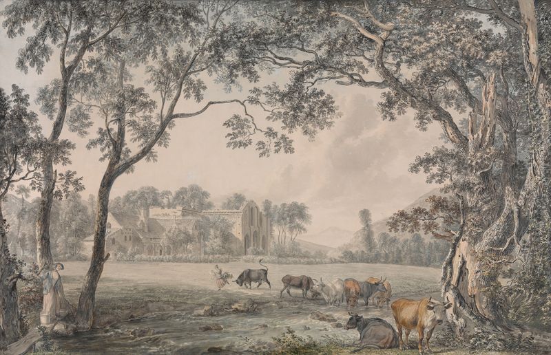 Aquarela de Paul Sandby retratando Valle Crucis Abbey cercado por vegetação.
