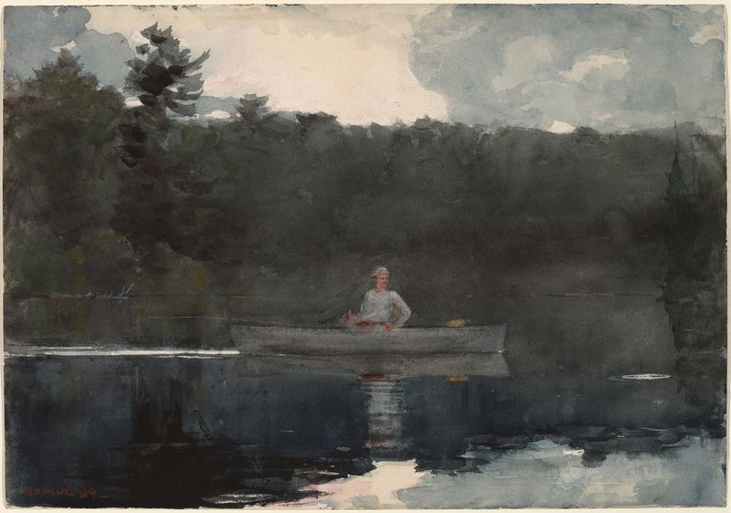 O Pescador Solitário de Winslow Homer, óleo sobre tela, apresenta um pescador lançando sua linha em águas calmas.