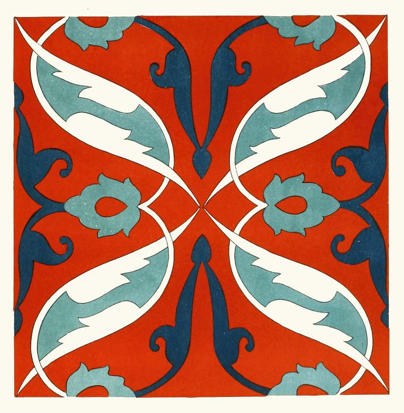 Ornamental ceramic tiles by Afghan Boundary Commission with geometric patterns.