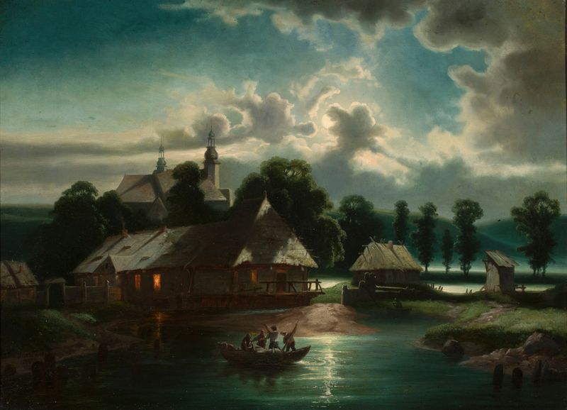 Countryside landscape at night, oil on canvas by Feliks Brzozowski
