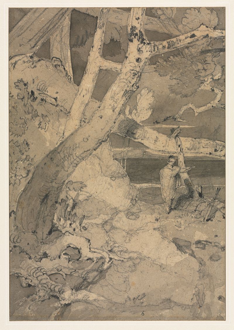 Traveler in a Woodland Landscape de John Sell Cotman, acuarela sobre papel, que muestra a un viajero en un sendero forestal.