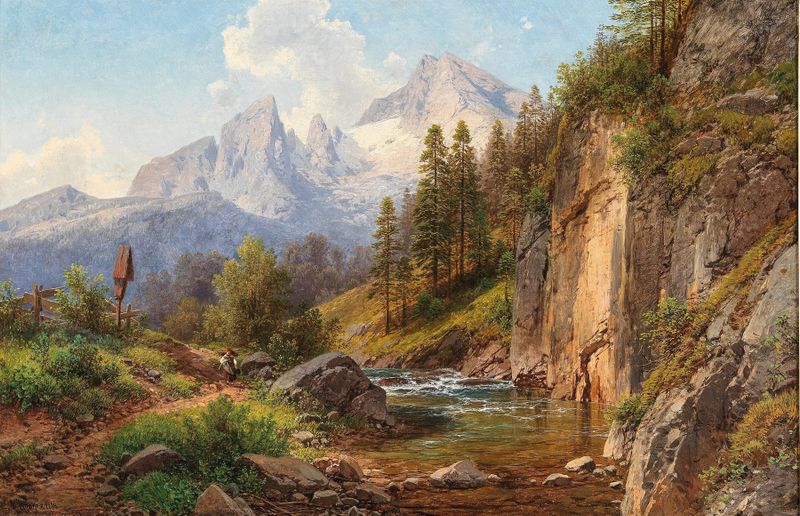 A View of the Watzmann Mountain de Adalbert Waagen, óleo sobre lienzo