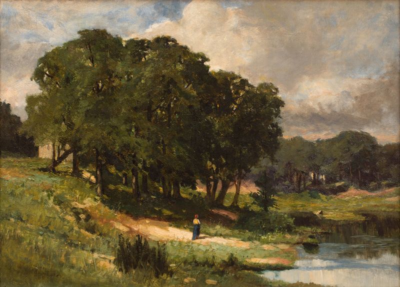 Mulher em pé perto de um lago, óleo sobre tela de Edward Mitchell Bannister
