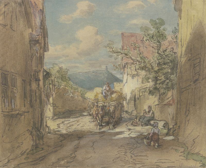Street in Kronberg 2 by Anton Burger, oil painting depicting a cobblestone street with shadows.