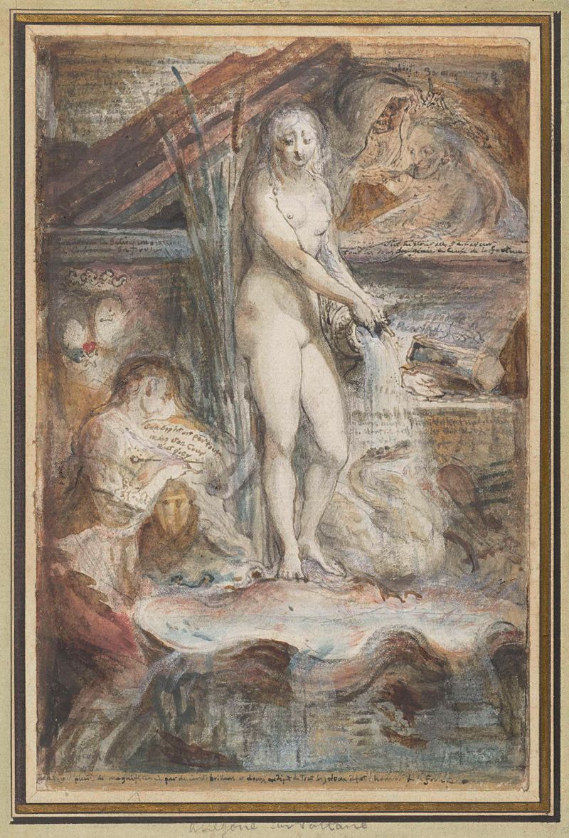 Rococo allegory depicting Voltaire amidst clouds by Gabriel Jacques de Saint-Aubin