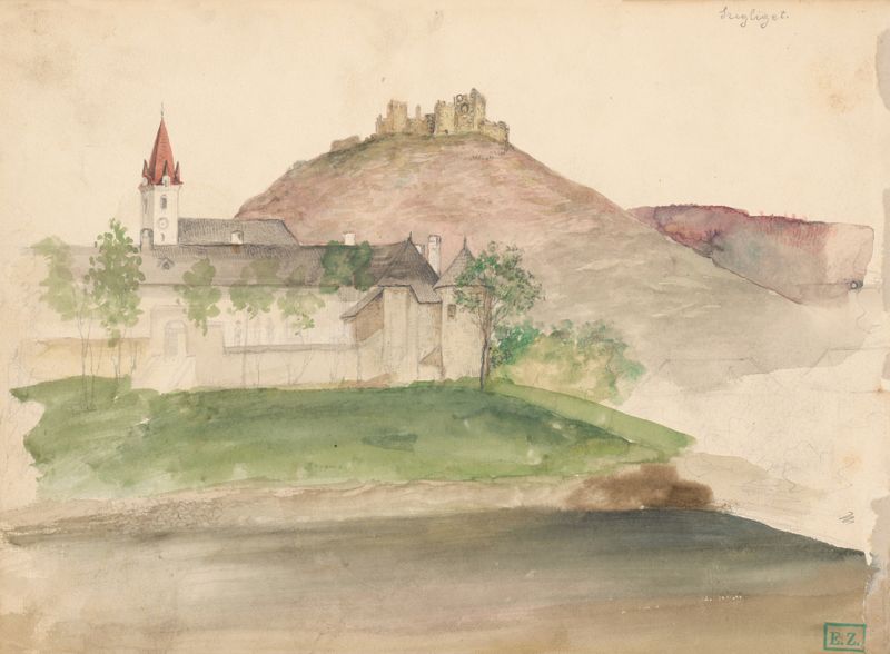 Paisagem com ruínas de castelo de Vojtech Klimkovič, pintura a óleo de 1860