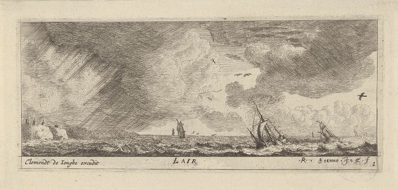 Grabado paisajístico de Reinier Nooms que representa un cielo con nubes y luz.