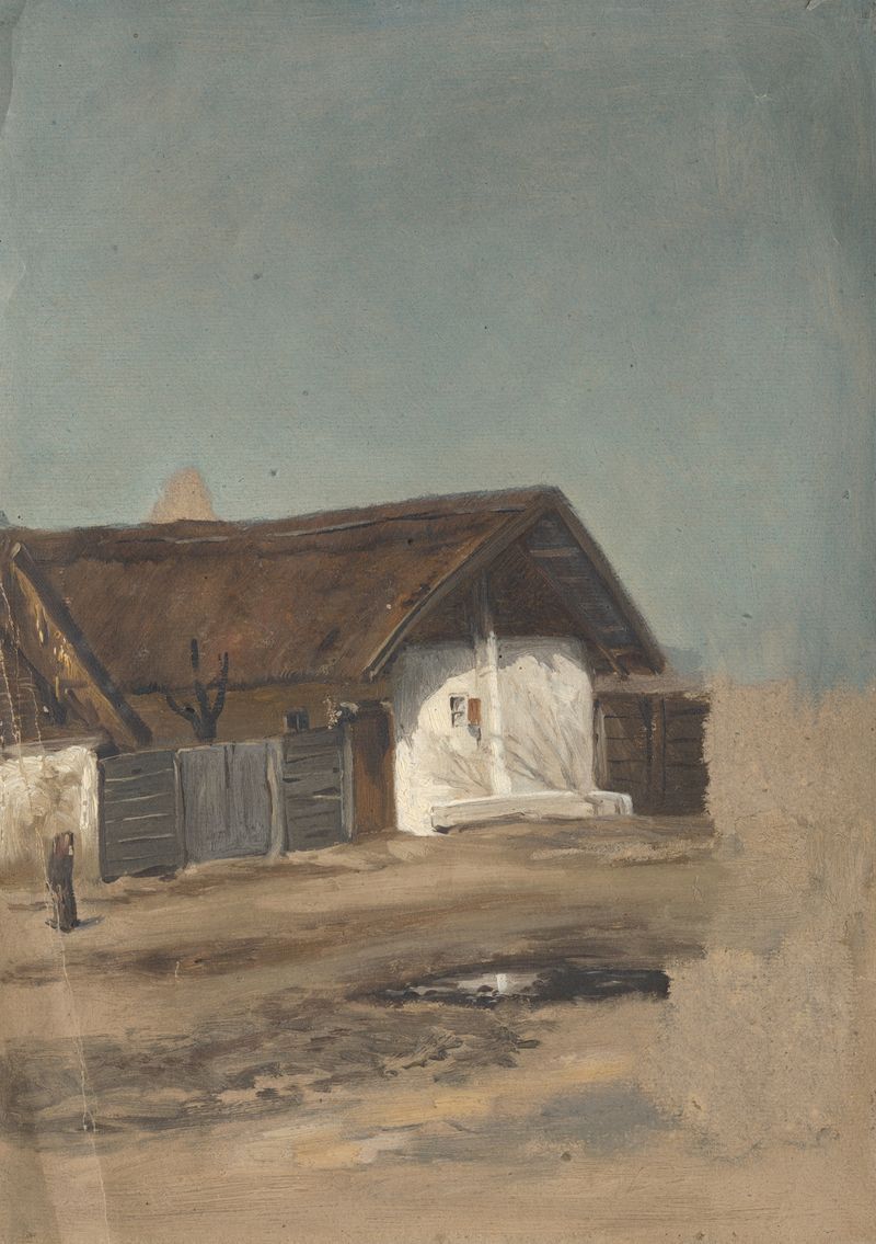 Village House by Jan Nowopacký, realism, depicting a quaint house in a meadow with soft light.