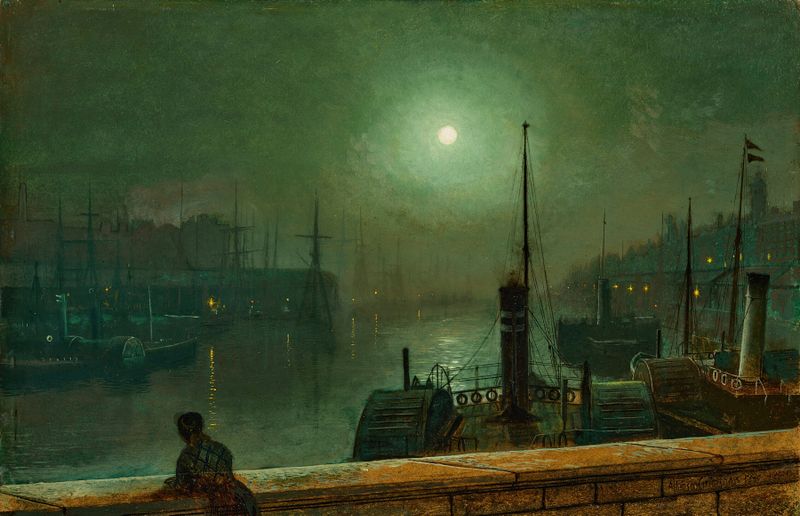 On the Clyde, Glasgow de John Atkinson Grimshaw, óleo victoriano que representa un río iluminado por la luna