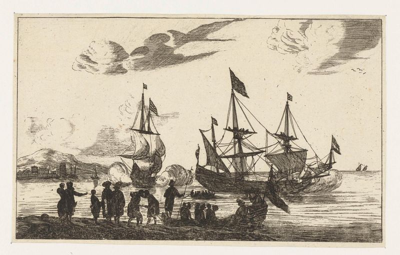 Havenscène met een spiegelsloep, gravura de Unknown Artist representando uma cena marinha tranquila