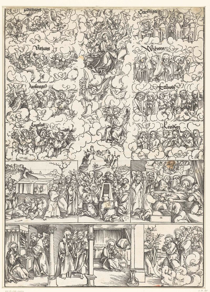 Dood en Hemelvaart van Maria, papel, de Lucas Cranach (I) que representa figuras serenas en una escena religiosa