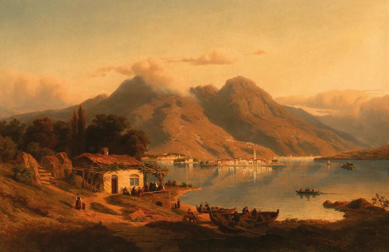 Lakeside landscape by Johann Wilhelm Lindlar, oil on canvas