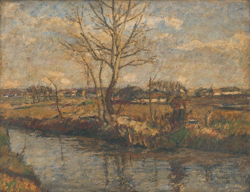 Landscape oil painting by Károly Kotász featuring hills and a stream.