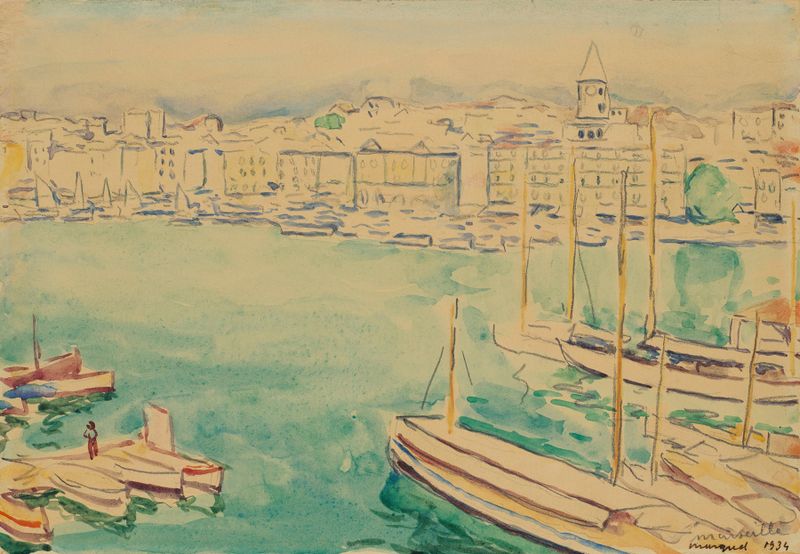 Paisagem de Marselha por Albert Marquet, óleo sobre tela, com reflexos na água.
