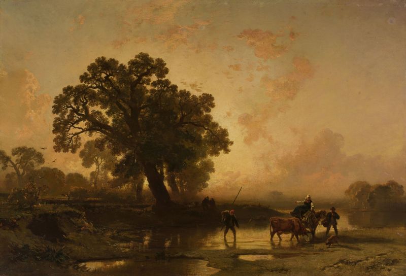 Riverside landscape at sunset, oil on canvas by Charles Hoguet
