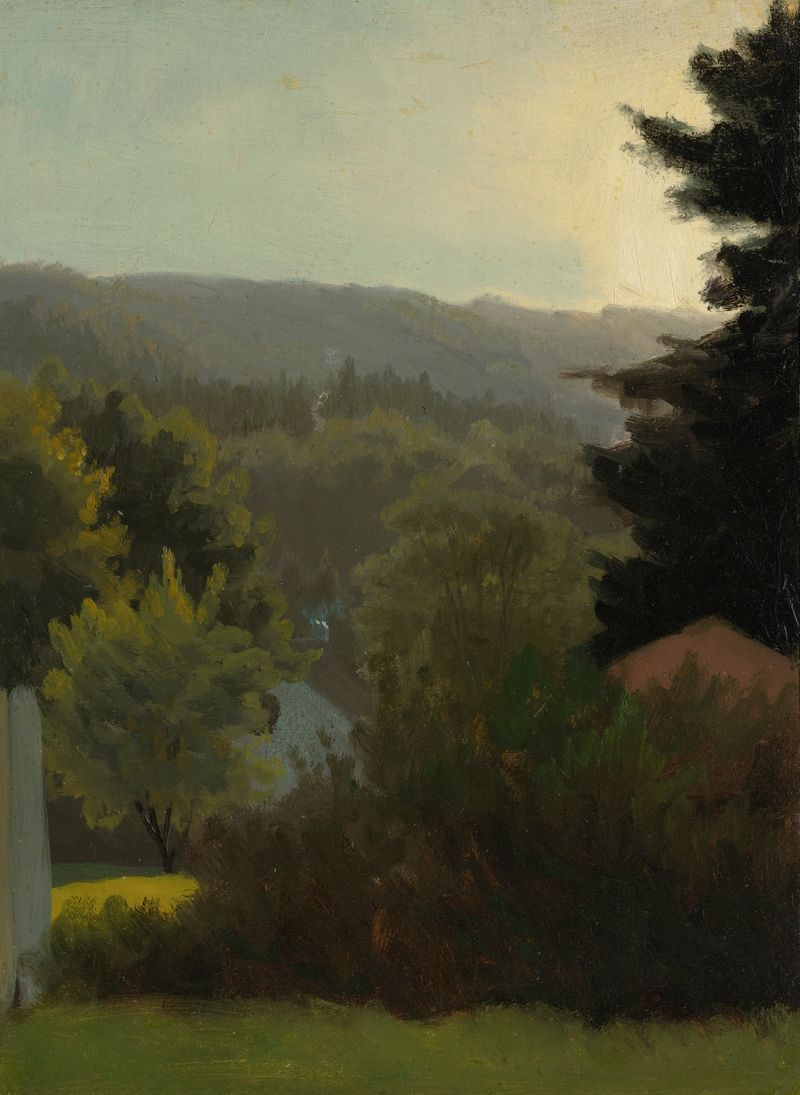 Forested Hills de Albert Bierstadt, pintura a óleo de colinas arborizadas sob um céu azul.