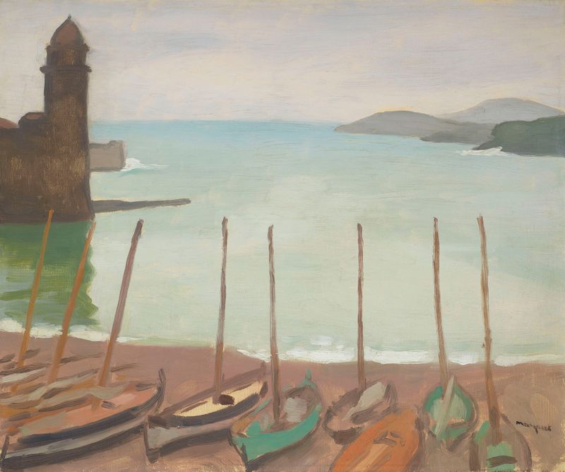 Port de Collioure de Albert Marquet, óleo sobre tela representando um porto com água azul e luz do sol.