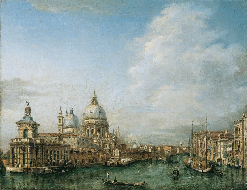 Canal Grande em Veneza por Angiolo Barbini, pintura a óleo que retrata uma paisagem veneziana serena.