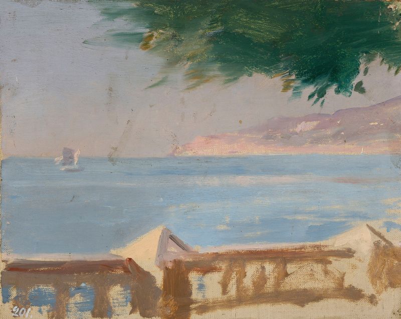 Escena marina con mar y villa de Jan Ciągliński, pintura al óleo