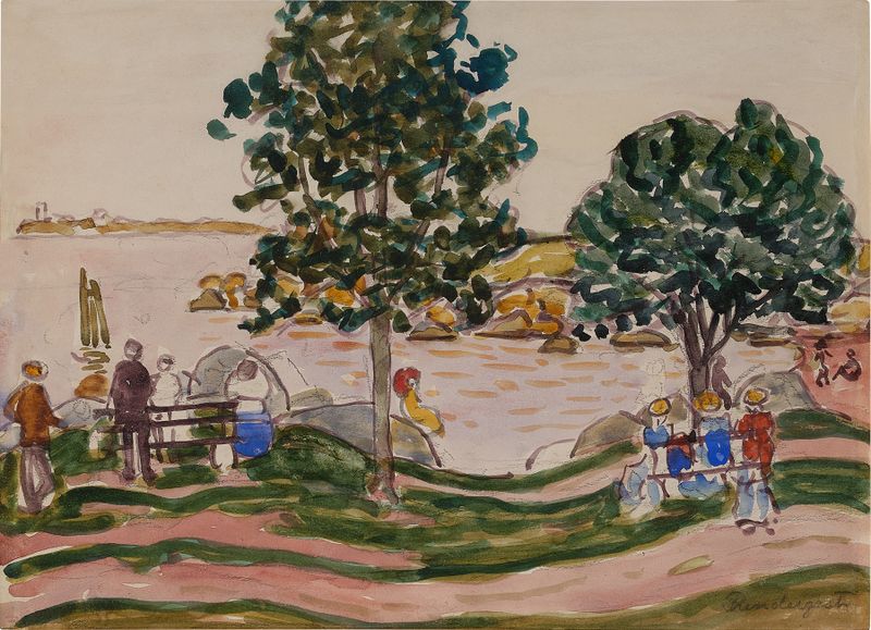 Curved Road, New England by Maurice Prendergast, oil painting of a winding road with lush foliage.