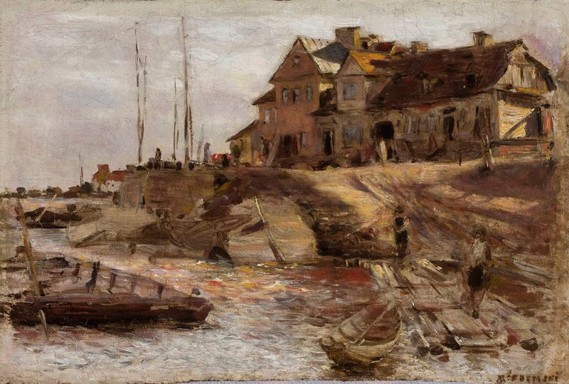 Harbour in Solec, esboço de Aleksander Gierymski, retratando água e reflexos do entardecer.