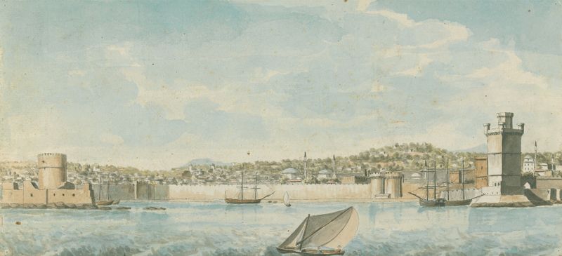 Oil painting by Willey Reveley depicting a walled town and harbour at sunset