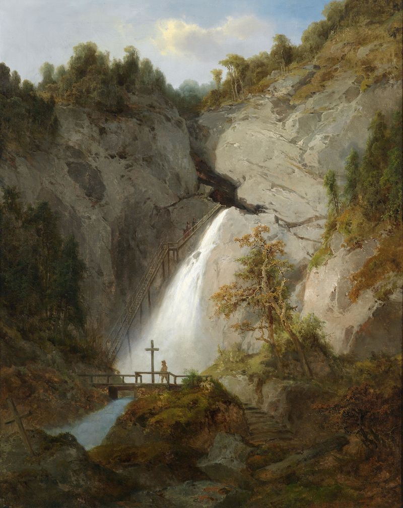 Waterfall scene by Joseph Brunner, oil on canvas, depicting cascading waters and lush forest.