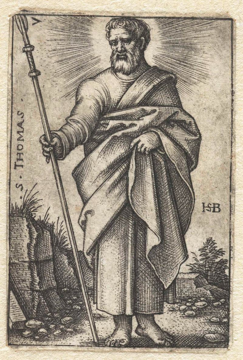 Grabado de Tomas por Hans Sebald Beham, representando una figura detallada en ropa histórica