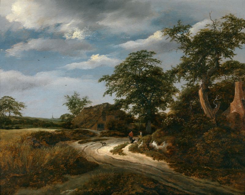 Paisagem de Jacob van Ruisdael, óleo sobre tela representando colinas e nuvens.