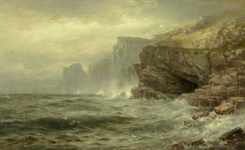 Rock Bound Coast de William Trost Richards, pintura al óleo que muestra rocas irregulares y olas suaves