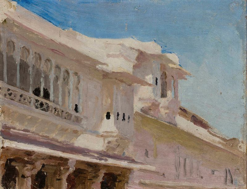 Udaipur – casas de Jan Ciągliński, pintura a óleo que retrata uma paisagem urbana vibrante.