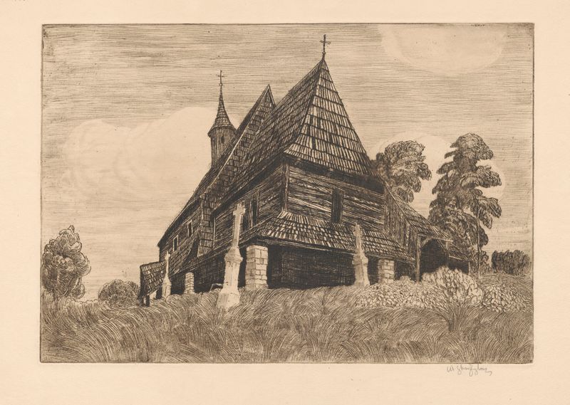Kościół w Twardoszynie de Władysław Skoczylas, óleo sobre lienzo que representa una iglesia y paisaje.