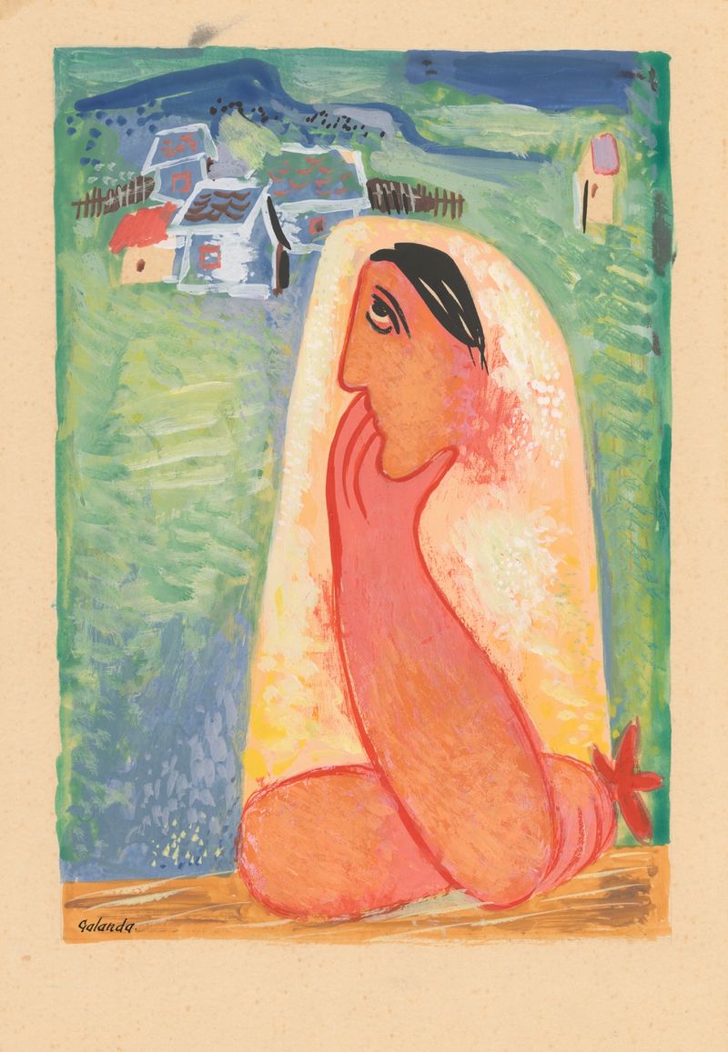 Figurative oil painting by Mikuláš Galanda depicting a solitary villager with a weathered face.