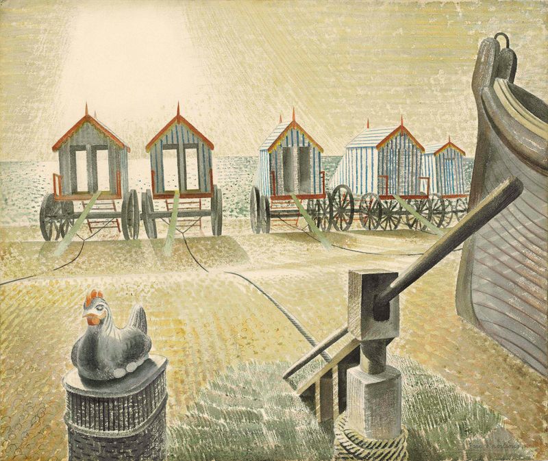 Aldeburgh Bathing Machines by Eric Ravilious, 1938, oil painting depicting bathing machines on the shore.