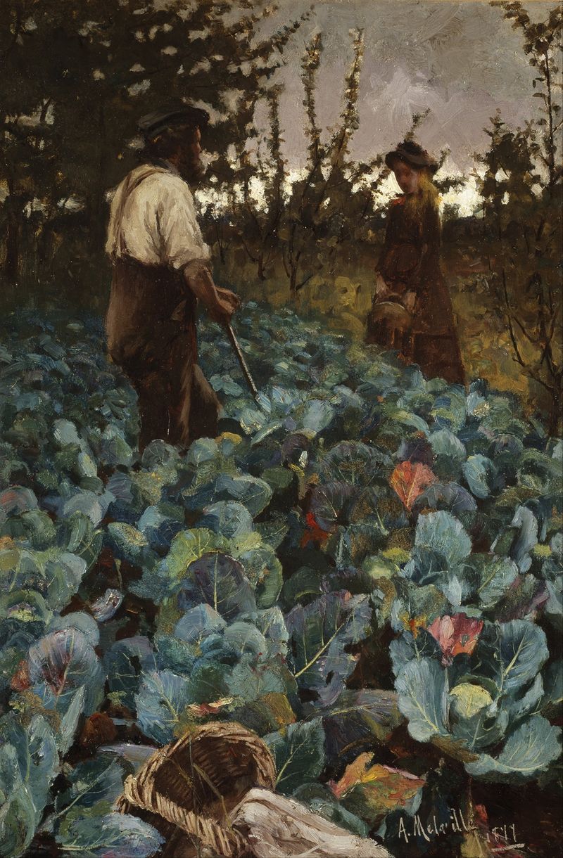 A Cabbage Garden by Arthur Melville, realism, depicts a figure tending cabbages in sunlight.