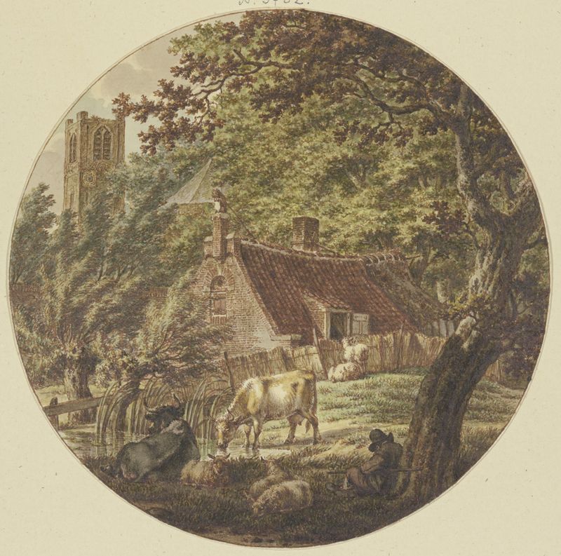 Paisaje con una cabaña y un campanario de Jacob Cats, pintura al óleo