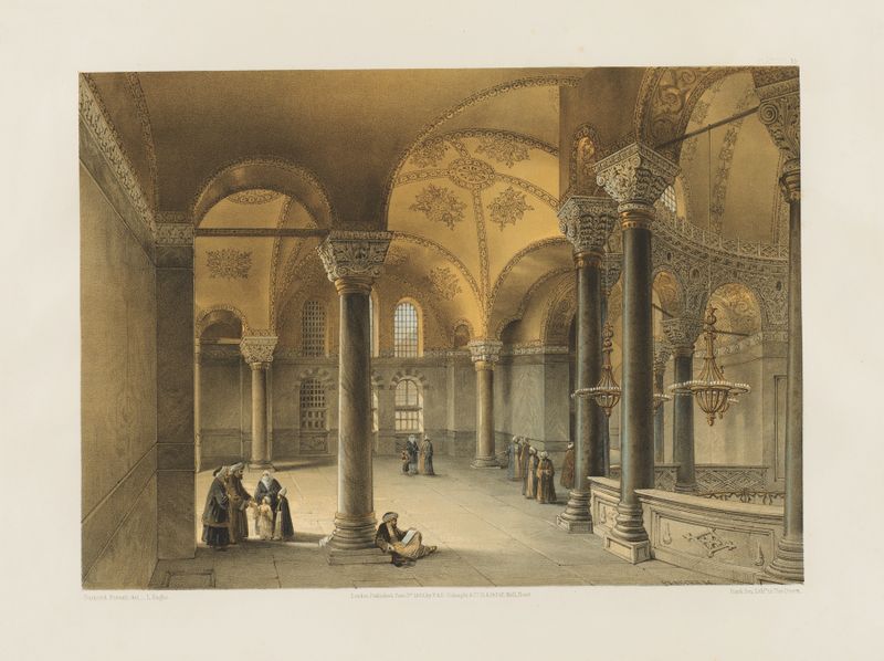 Engraving by Gaspare Fossati depicting Aya Sofia, Constantinople with intricate dome and marble details.