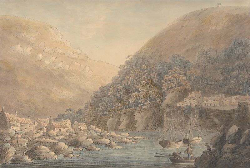 Lynmouth Quay óleo de Robert Marris retratando um porto sereno com penhascos e ondas.